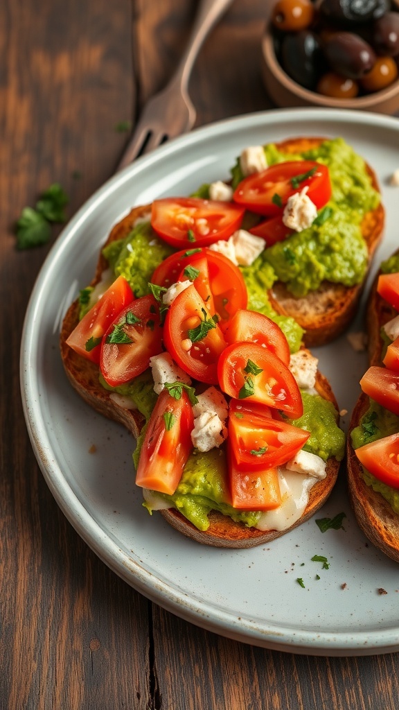Crispy toast topped with avocado, tomatoes, and cheese on a rustic table.
